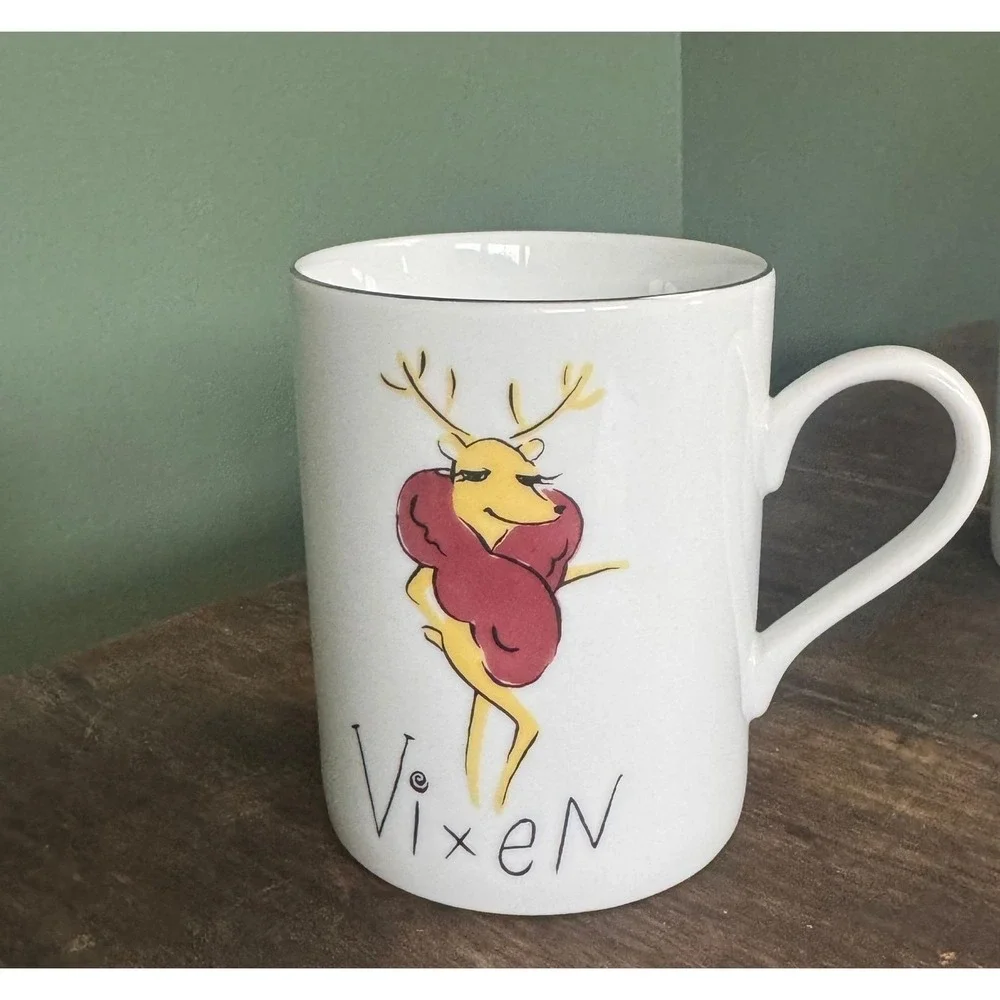 Four Pottery Barn Reindeer Coffee Mugs Prancer Vixen Dancer Dasher
